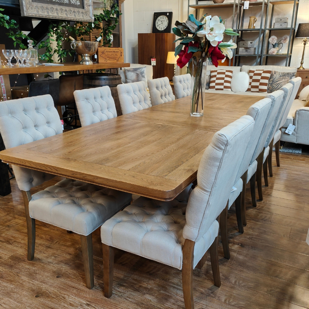 The Castle Light Oak Extension Dining Table 2.1m - 2.9m + 10 Casa Dining Chair Linen Cream Set image 0